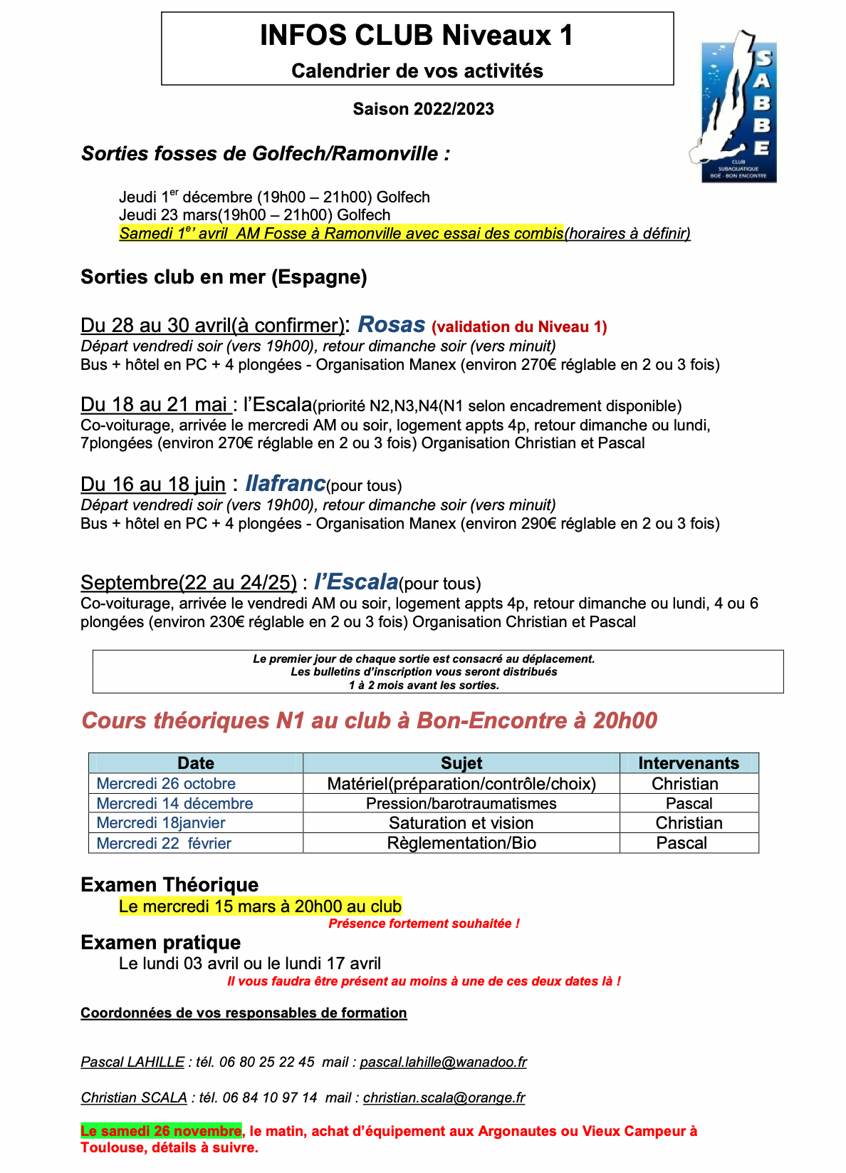 Calendrier cours N1 2022-2023