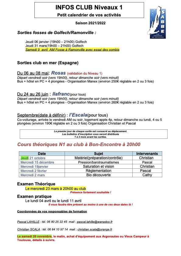Infos niveaux 1 2021 2022